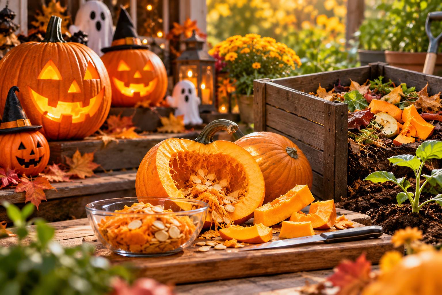 Đổ các phần bí ngô thừa vào thùng ủ phân hữu cơ gia đình cùng với lá khô và rác nhà bếp