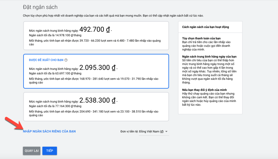 Thiết lập ngân sách thanh toán quảng cáo 